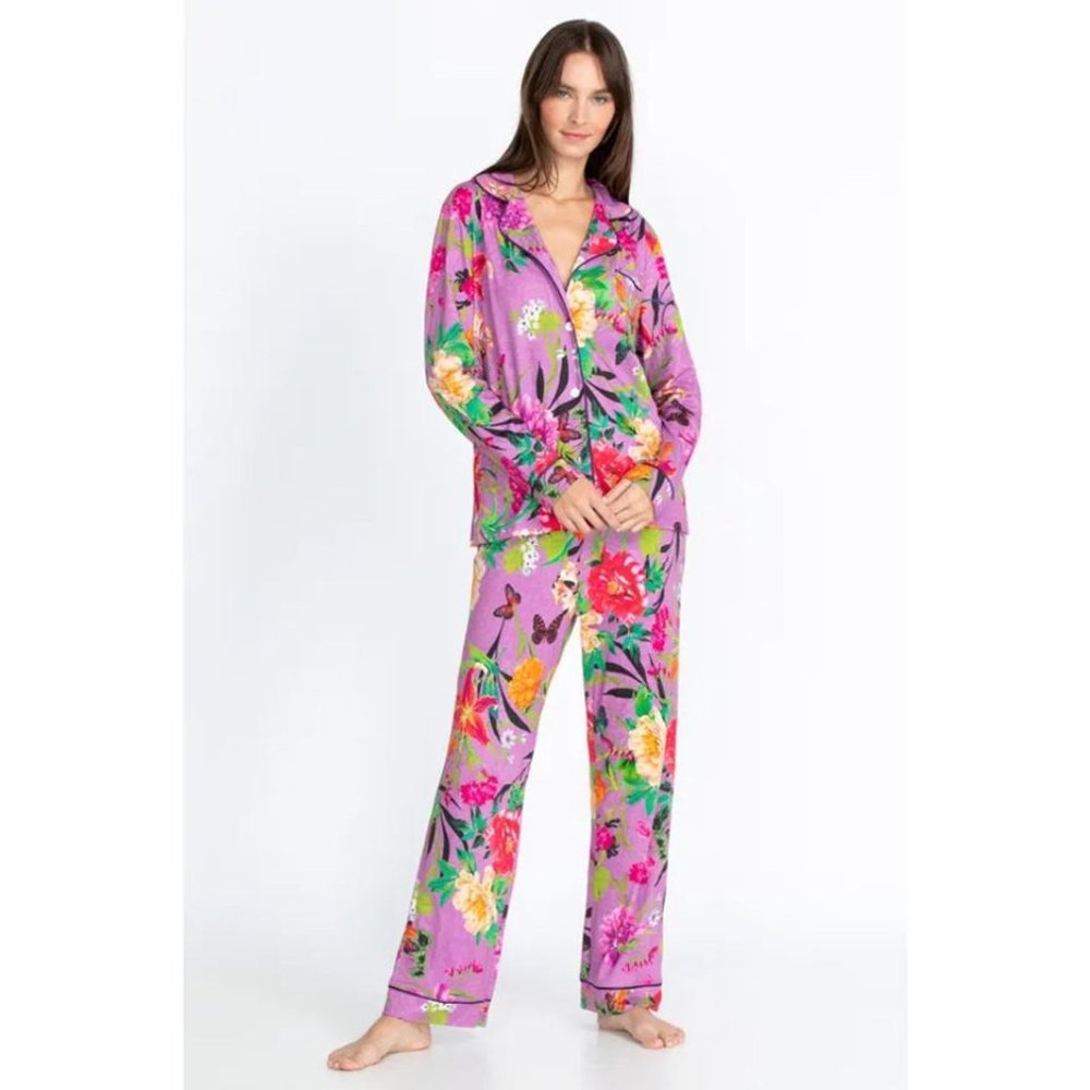 Johnny Was Goza Pj Set 2 Piece Long Pajama Home Lounge Sleepwear Pant Purple NEW